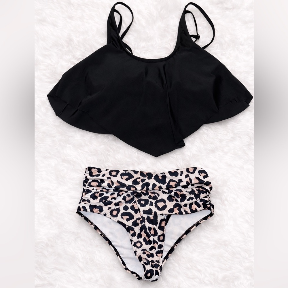 SHEIN Leopard High Waisted Bikini Set Small | Flounce Ruffle Swim Top Animal